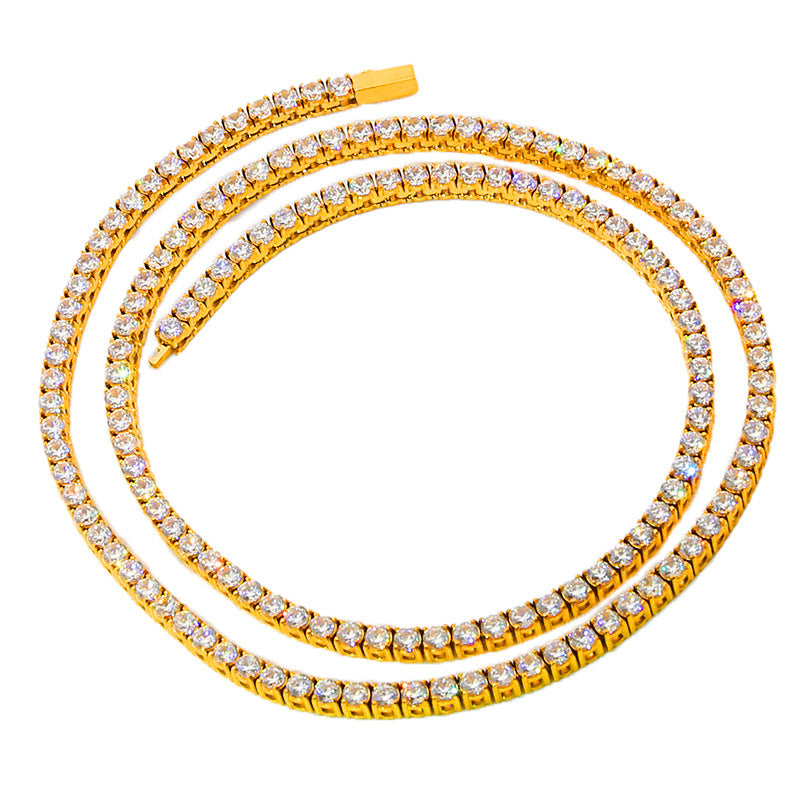 Coiled gold plated tennis chain necklace with clear stones and a box clasp, 4mm 55cm option