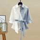Front view of the blue belted robe, lounge pants and matching top