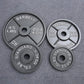 Cast iron barbell plate held in a hand for size reference against the grip rim