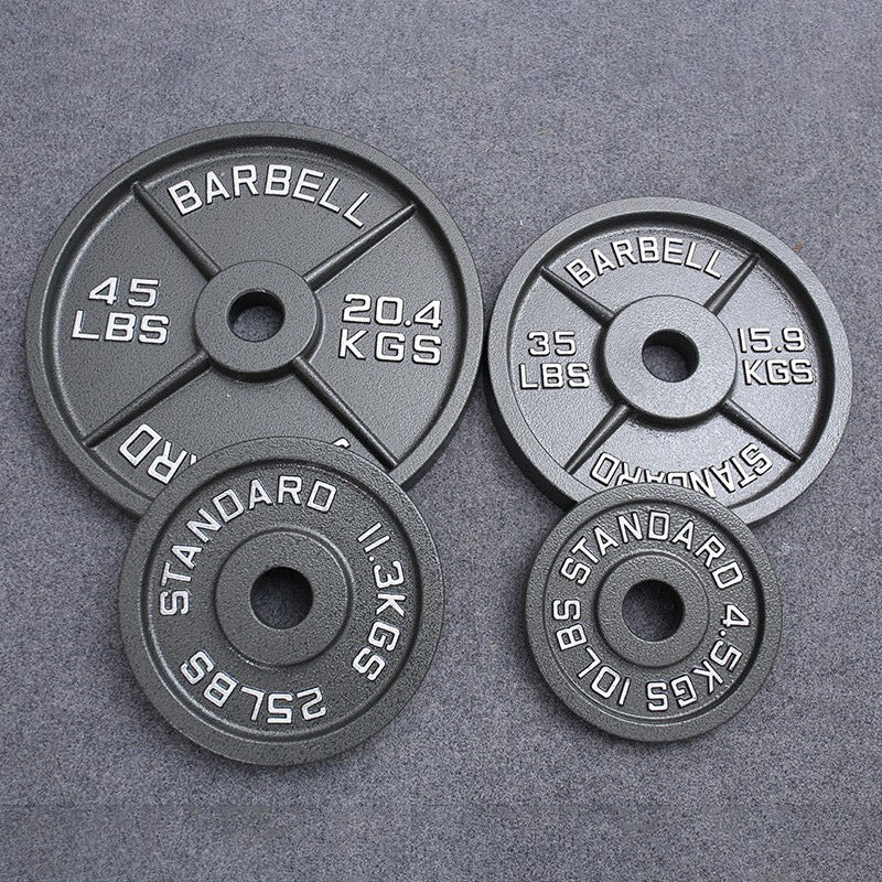 Cast iron barbell plate held in a hand for size reference against the grip rim