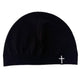 Knitted dome beanie with no brim and a folded cuff, small embroidered cross detail
