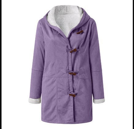 Women's hooded suede toggle coat with white plush lining in Purple