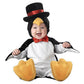 Baby in a black and white penguin costume with a top hat, bow tie and yellow foot pads, Penguin option, 100cm size