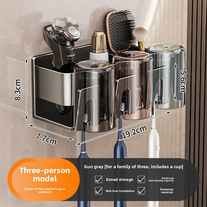 Three person set with three colored cups on a gunmetal gray wall holder, 19.2 cm wide
