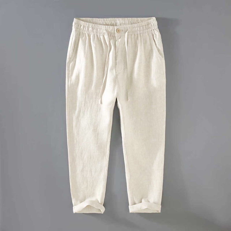 Pure linen mens drawstring straight leg trousers in apricot, styled with a linen shirt