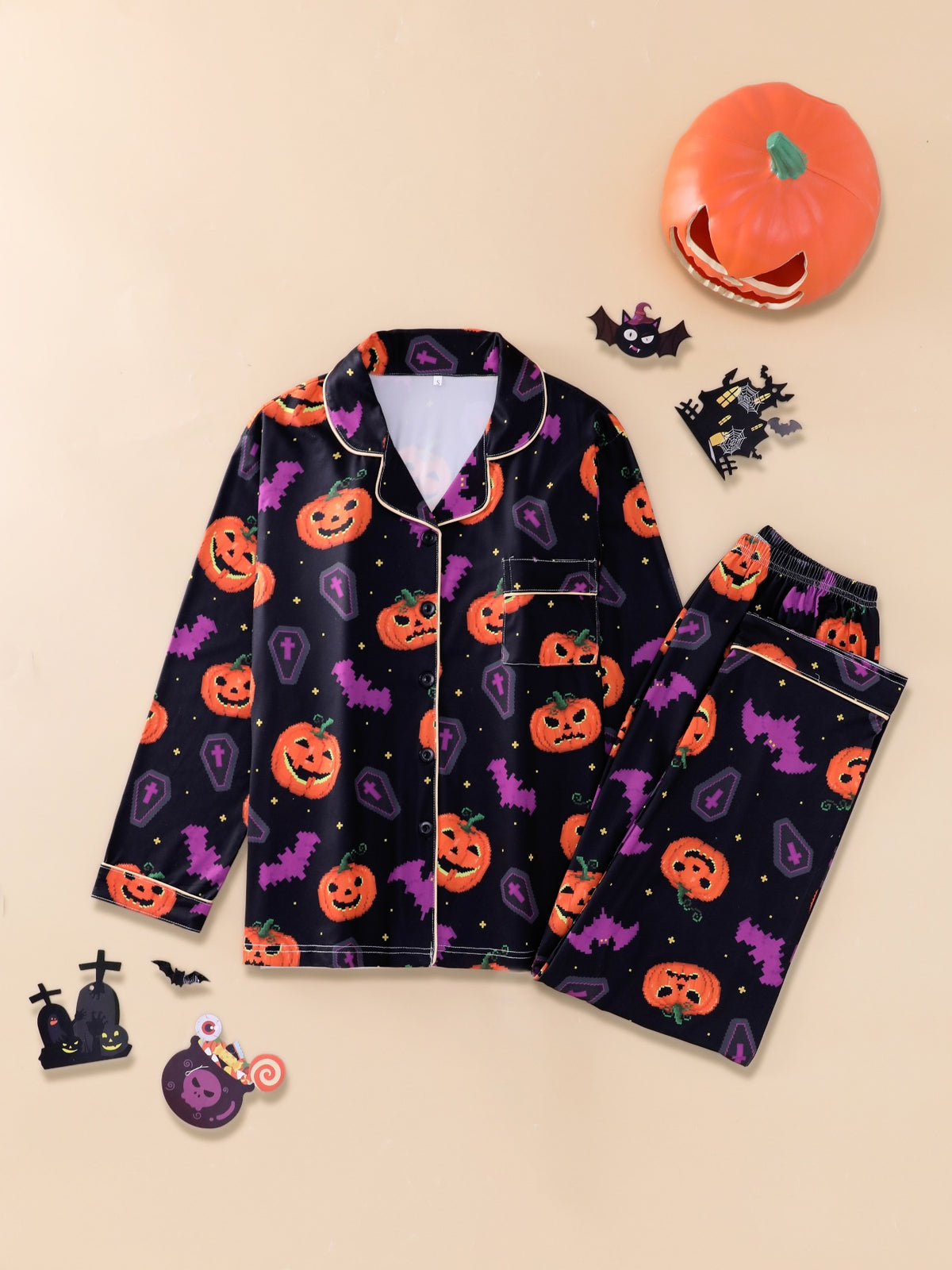 Black Pumpkin Bat pajama set with orange pumpkins and purple bats, size M option photo