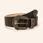Full view of the vintage floral embossed wide belt with its ornate brass buckle