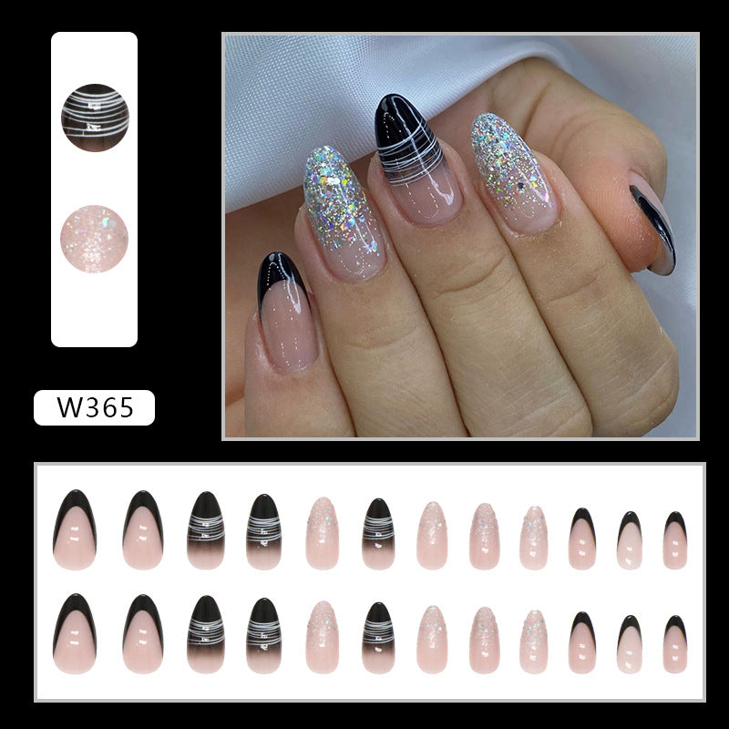 Full cover press-on almond nails shown in several designs, glossy finish shown on a hand