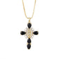 Colored cubic zirconia cross pendant necklaces with a central medallion on dark satin