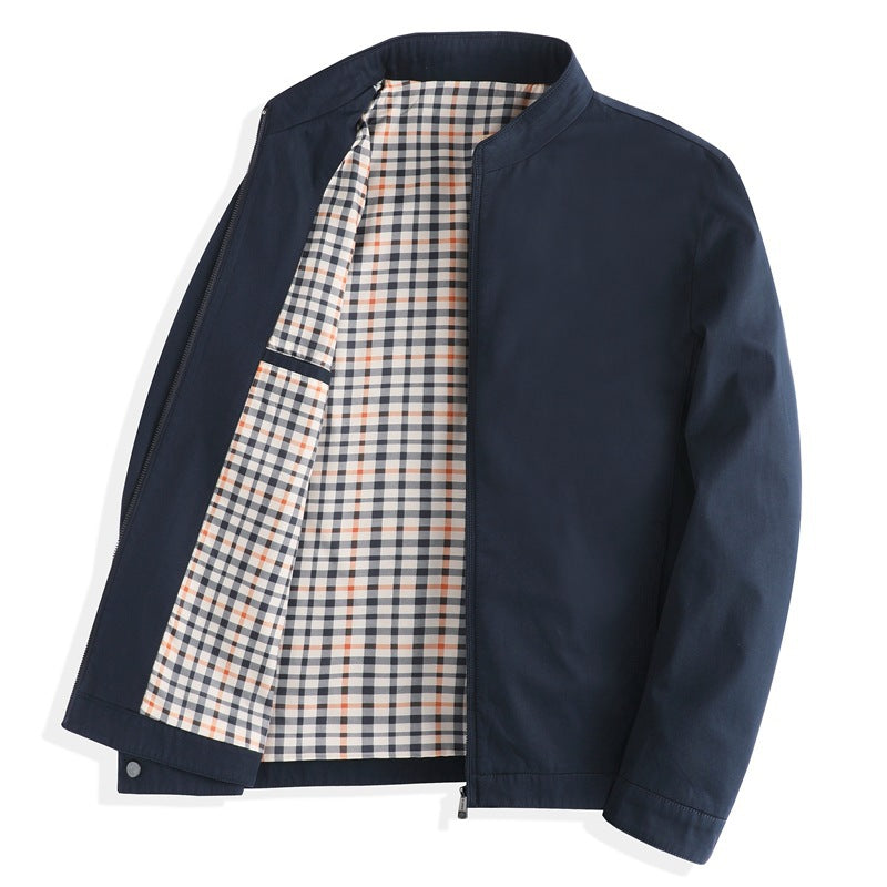Navy cotton zip jacket with a stand collar and warm plaid lining, size 180 XL option photo