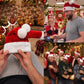 Red plush Santa hat with a white band and pom poms held in hands beside party scenes, option photo for Red and White