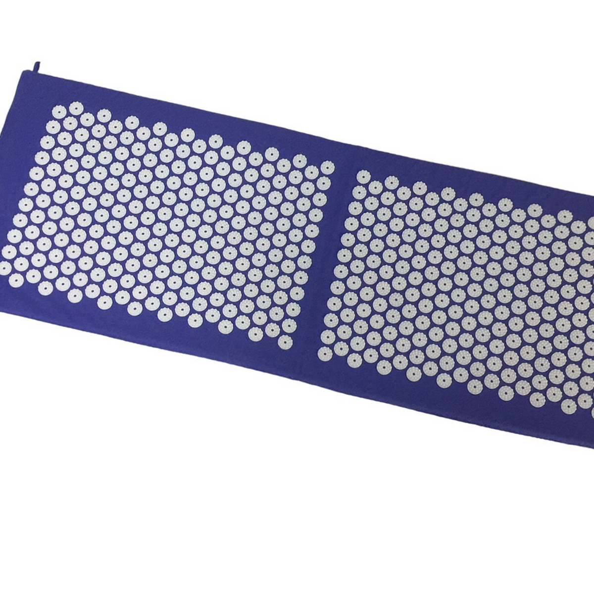 Close view of the blue spiked mat panels with rows of round white plastic spikes