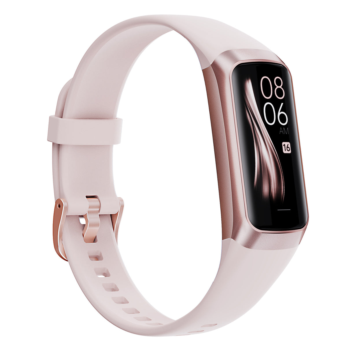 Pink smart bracelet with a rose gold case and a black touchscreen showing the time 08:06