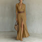 Amber long shirt dress with collar, button front and brown belt, close view for size XXL