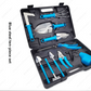 Blue grip ten piece stainless steel gardening tool set shown in its open black case