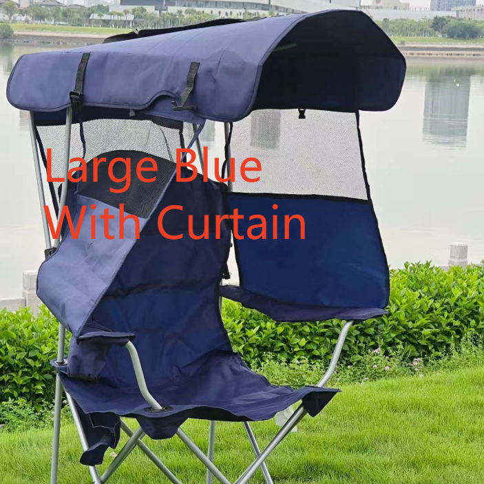 Large Blue With Curtain option: navy camping chair with canopy and a front curtain beside a lake