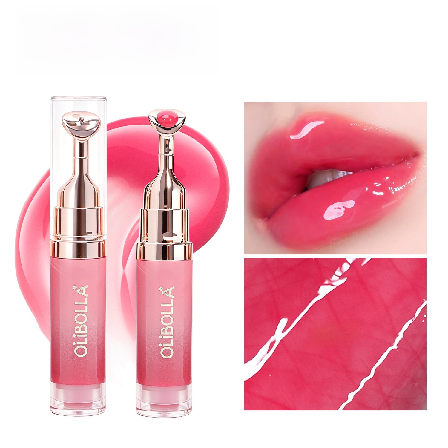 OLIBOLLA lip glaze tube and its metal spoon tip on a plain white background