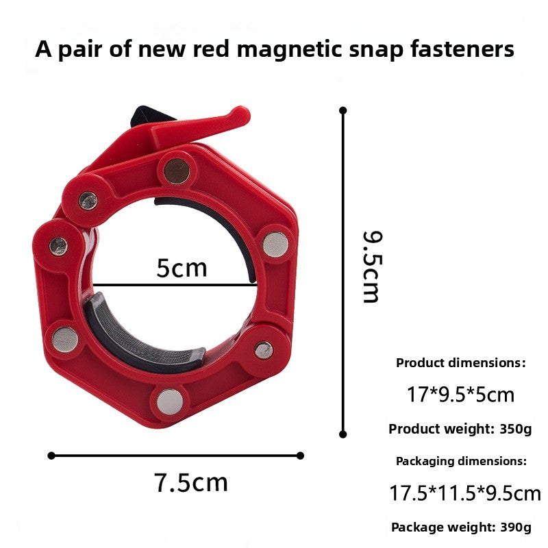 Red hexagonal magnetic barbell collar with silver magnet discs, 5 cm bore, 17 by 9.5 by 5 cm, 350 g