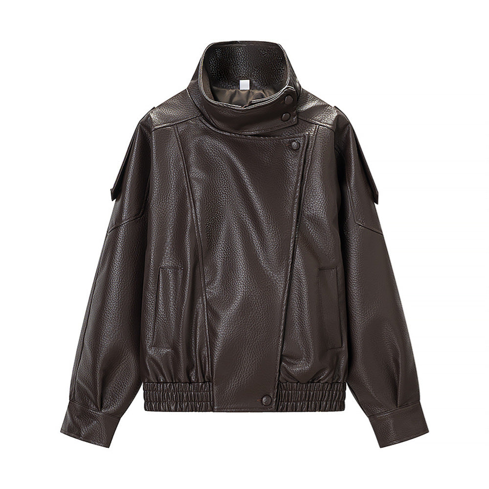 Women's oversized PU leather moto jacket with stand collar and elastic hem, Brown M option