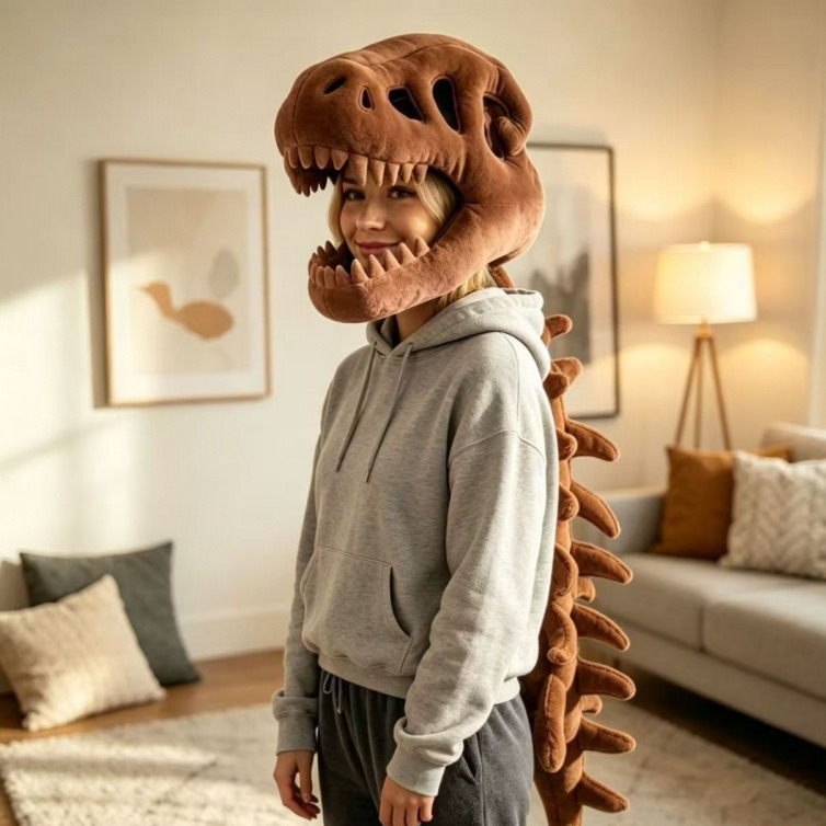 Person wearing a brown plush dinosaur skeleton head mask with a long brown trailing spine
