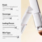 Foundation stick sponge tip and mirrored barrel shown beside a finish and coverage reference chart