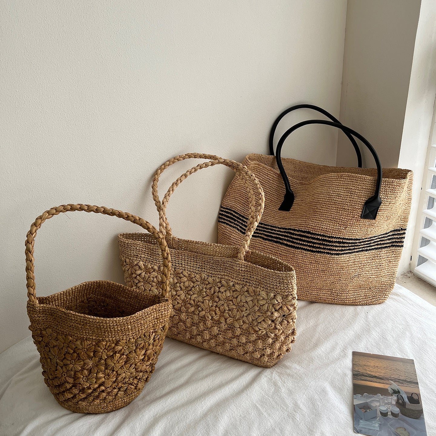 Raffia Hand-Woven Tote Bag | side profile angle shot