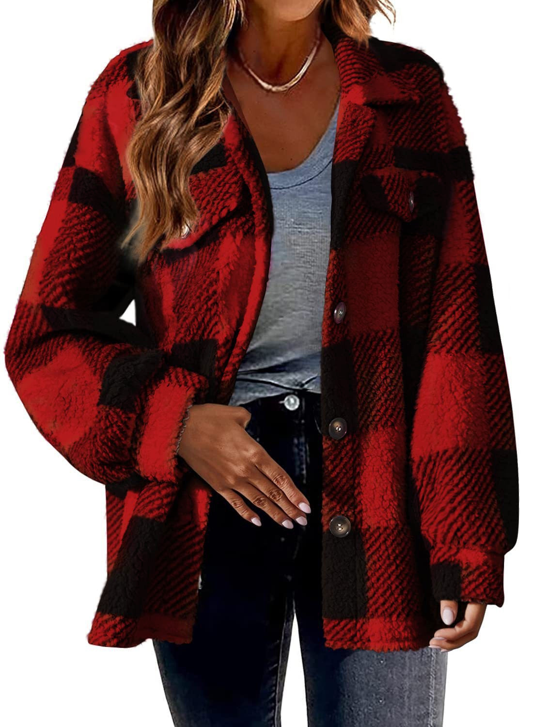 Womens plush plaid button front jacket, hip length fleece with a relaxed easy fit