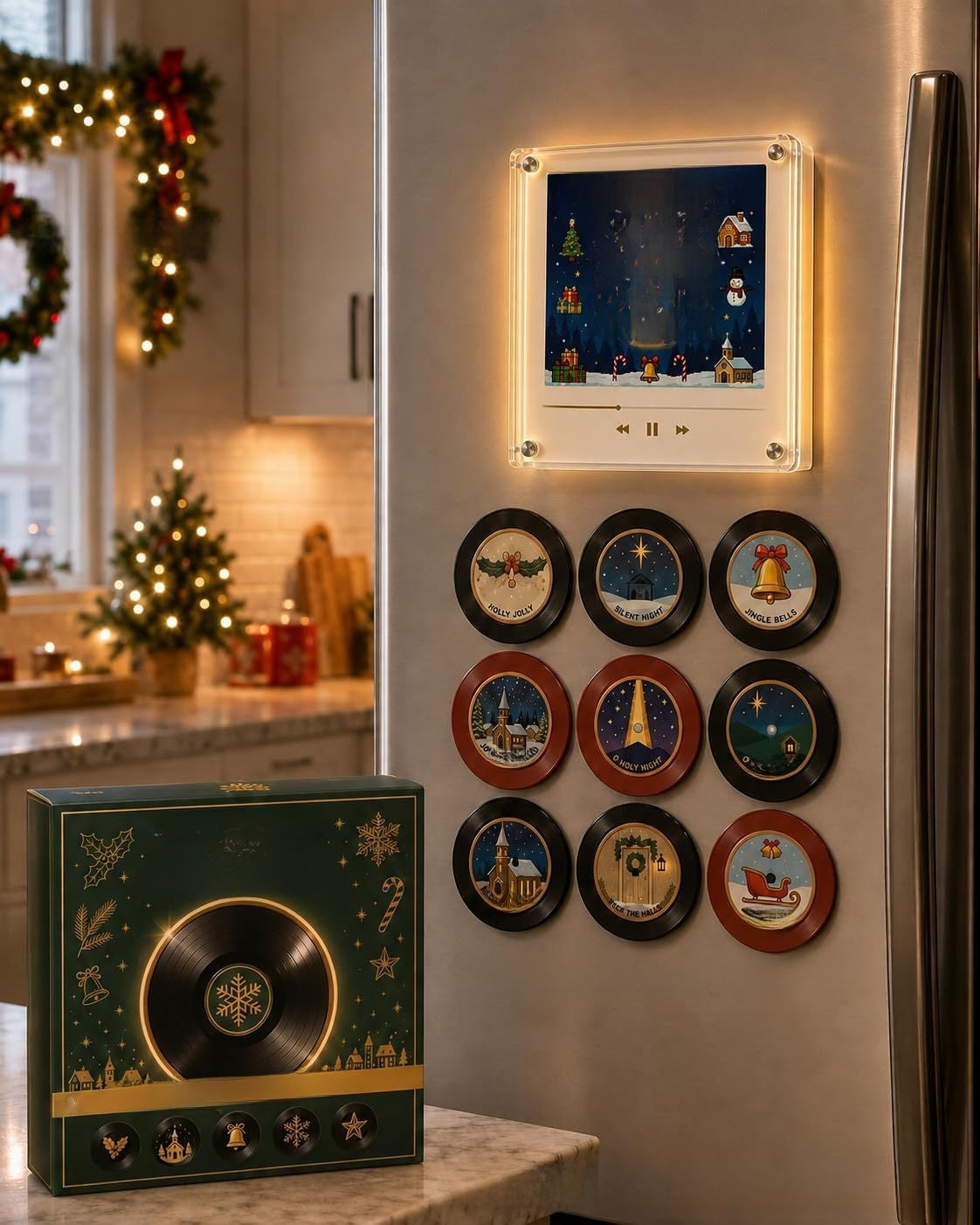 Glowing music player frame on a fridge in a decorated kitchen, option photo for Christmas S4