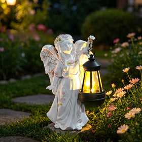 Solar Resin Angel Garden Statue Holding a Hanging LED Lantern