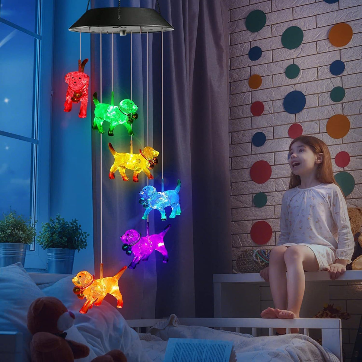Puppy LED figures glowing in several colors, hanging from a solar lamp head, red housing option
