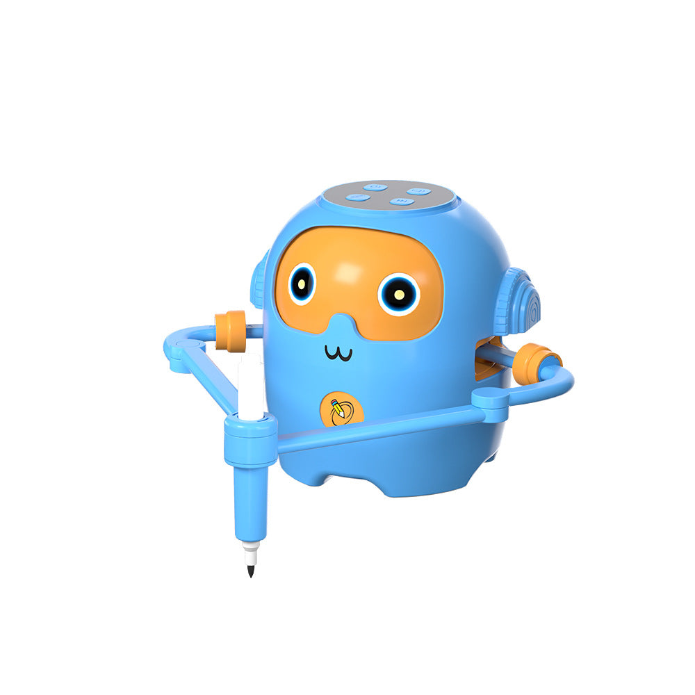 Blue drawing robot with orange face panel and pen arm, studio view