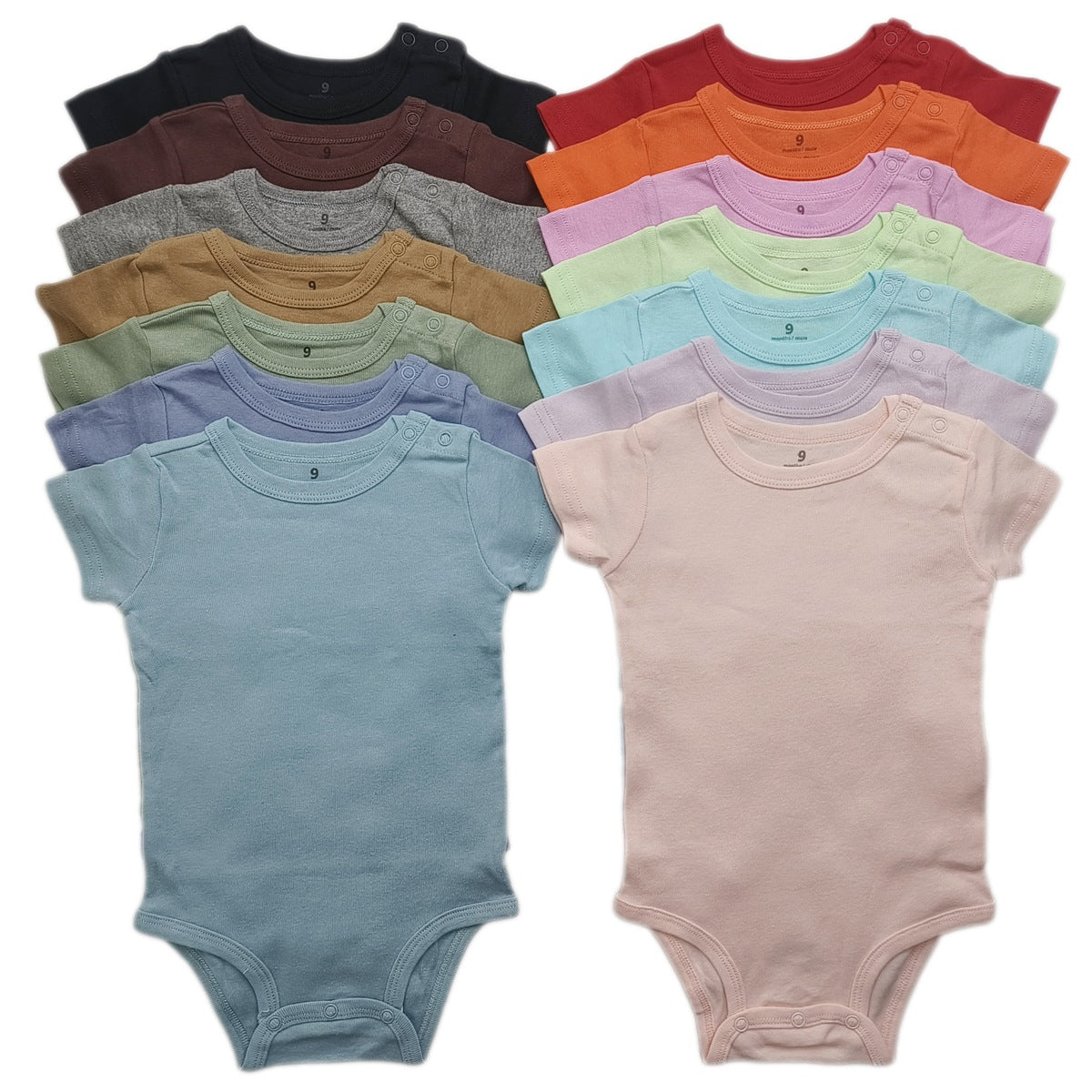 Baby short sleeve cotton bodysuit with a three snap crotch closure shown flat on a plain background