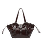 Glossy dark coffee brown hobo shoulder bag with buckle straps and drawstring sides, option Coffee