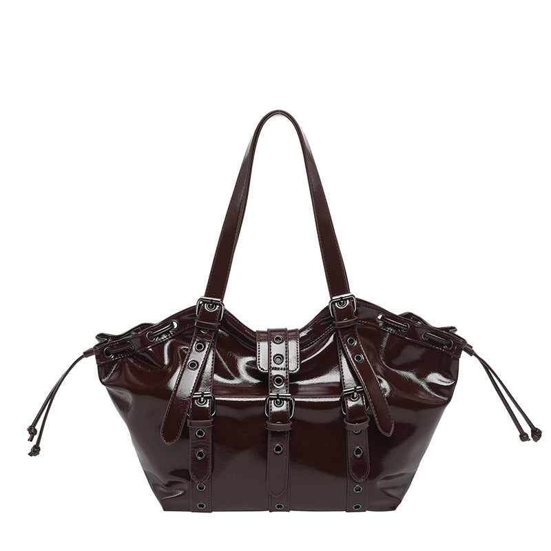 Glossy dark coffee brown hobo shoulder bag with buckle straps and drawstring sides, option Coffee