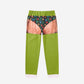 Green novelty ugly Christmas pajama with a printed hairy chest gag, fur trim, belt and string lights