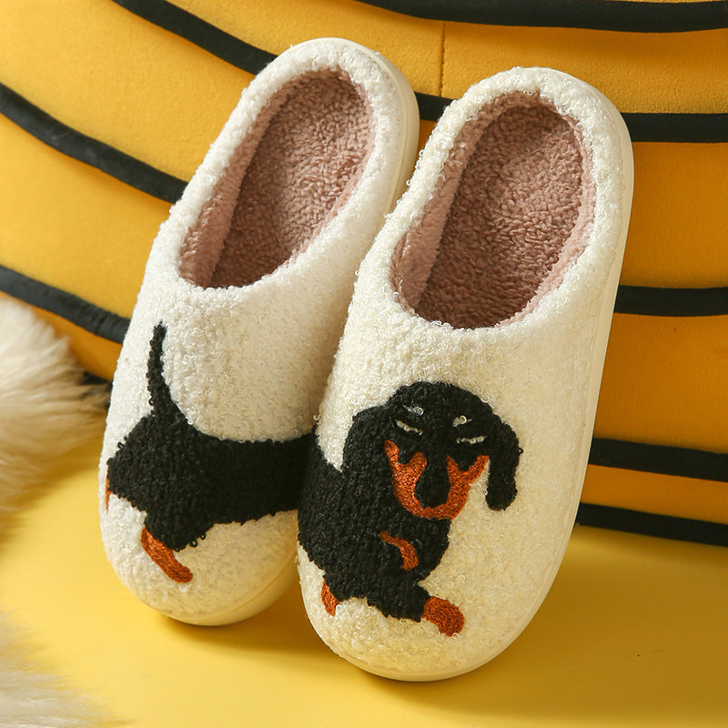 Cream plush slippers with a tufted black dachshund design, size 36-37 option
