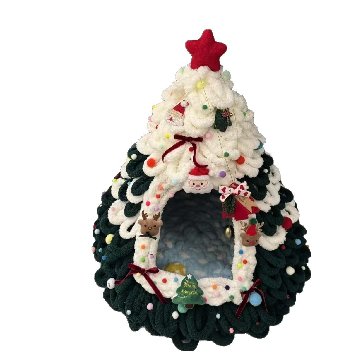 Dark green and white chenille tree shaped pet house with a red star and ornaments on a white background