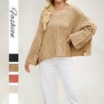 Loose round neck twist cable knit sweater with wide flared long sleeves on a model