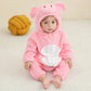 Pink pig hooded flannel baby jumpsuit with snout hood, front zip and white belly panel