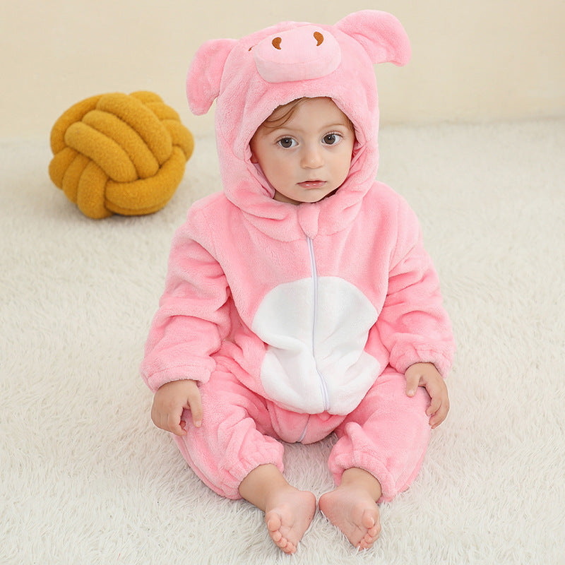 Pink pig hooded flannel baby jumpsuit with snout hood, front zip and white belly panel