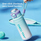 Mint green insulated water bottle held by its braided carry rope over a tennis court