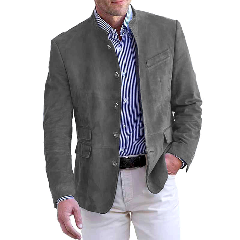 Mens single breasted jacket in matte brushed vegan suede with long sleeves and stand collar