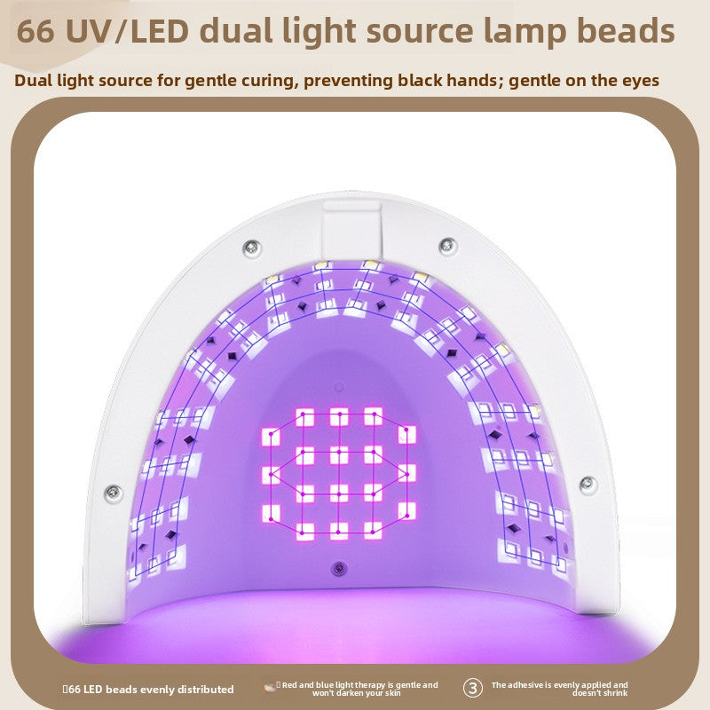 Inside of the nail lamp dome showing 66 UV and LED dual light beads glowing purple