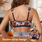 Back view of the pumpkin print bra on a model, with double shoulder straps, metal rings and slider adjusters