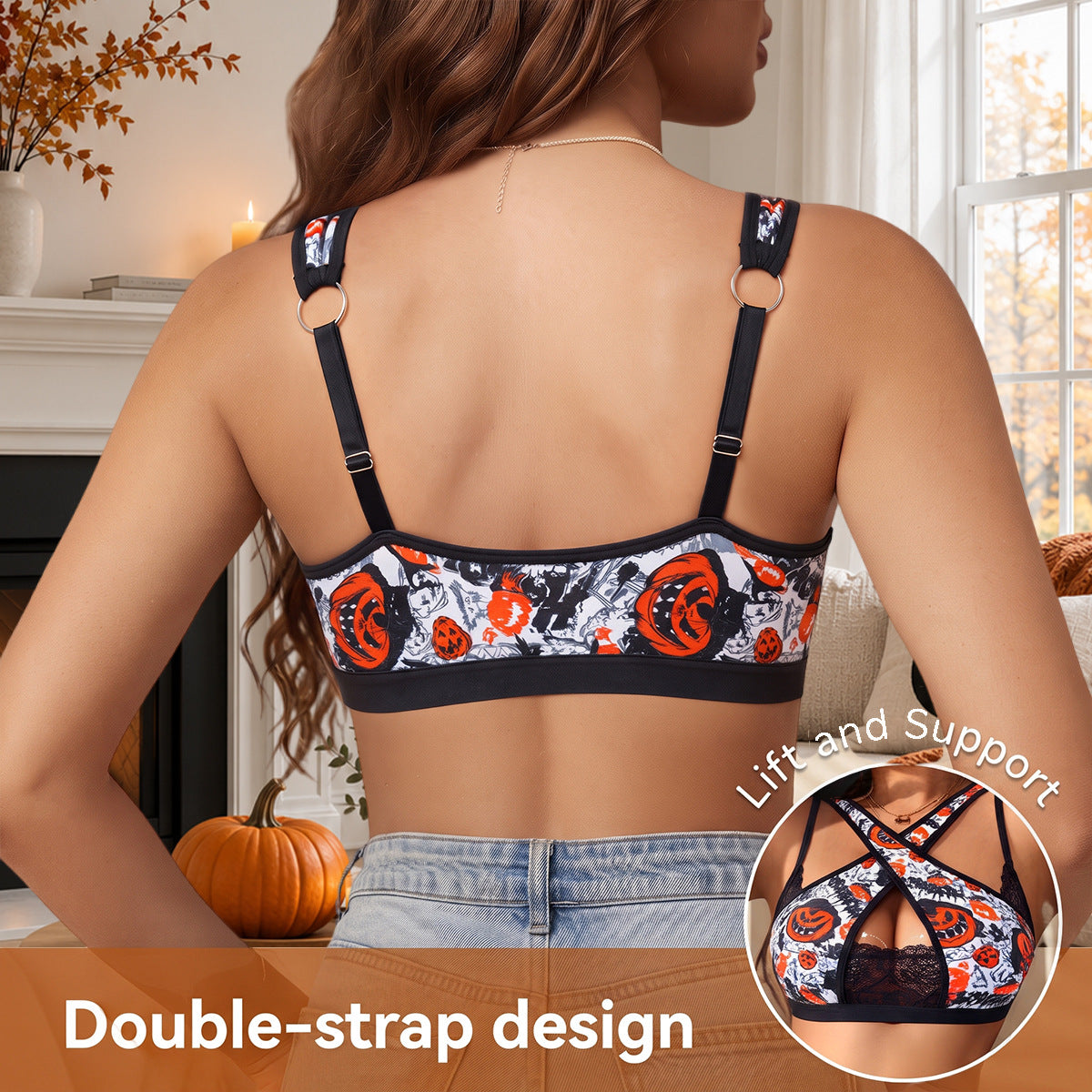 Back view of the pumpkin print bra on a model, with double shoulder straps, metal rings and slider adjusters