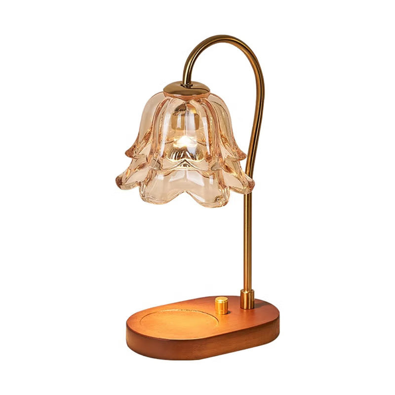 Candle warmer lamp, amber tulip shade, walnut wood base, knob dimmer, plain version, UK plug
