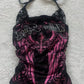 Black and pink halter top with pink wing print and rhinestone lettering, shown on the Black and Pink size M option