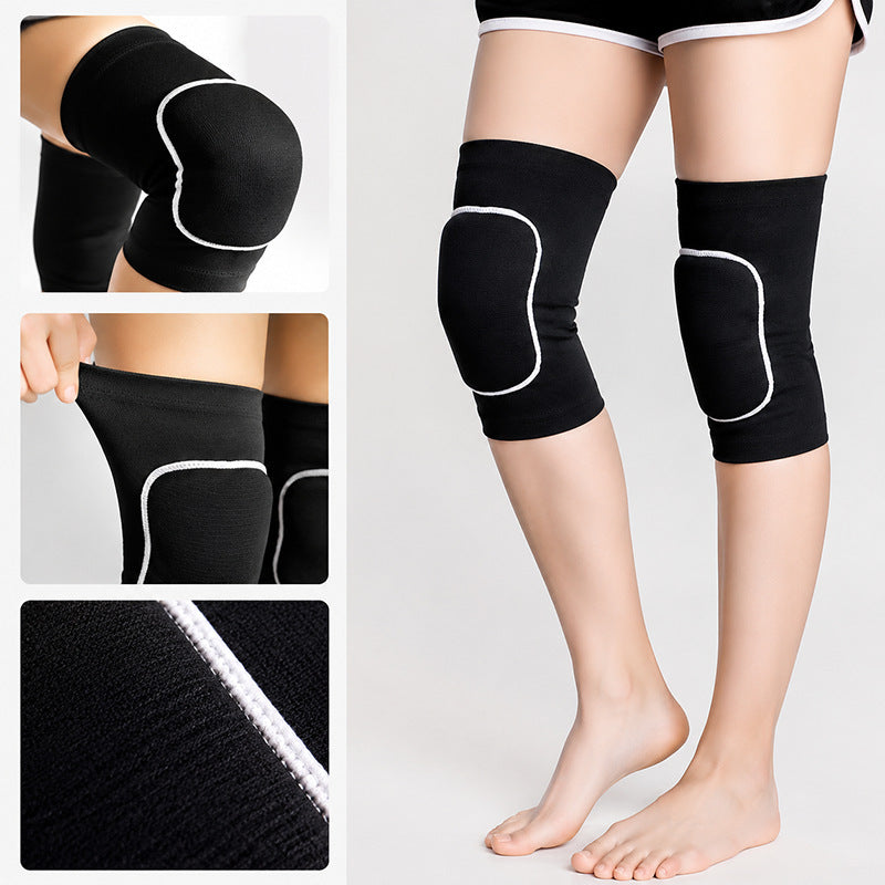 Detail panels of black dance knee pads with thickened sponge pad and bound edge