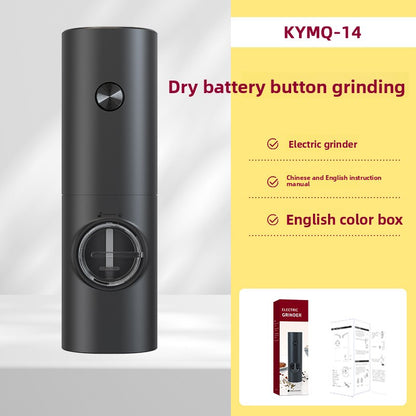 Black KYMQ-14 electric grinder with a clear window and dry battery button grinding, color box shown