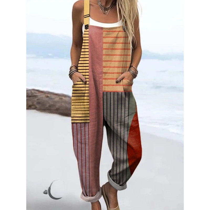 Womens printed sleeveless overall jumpsuit with button adjustable straps and front pockets